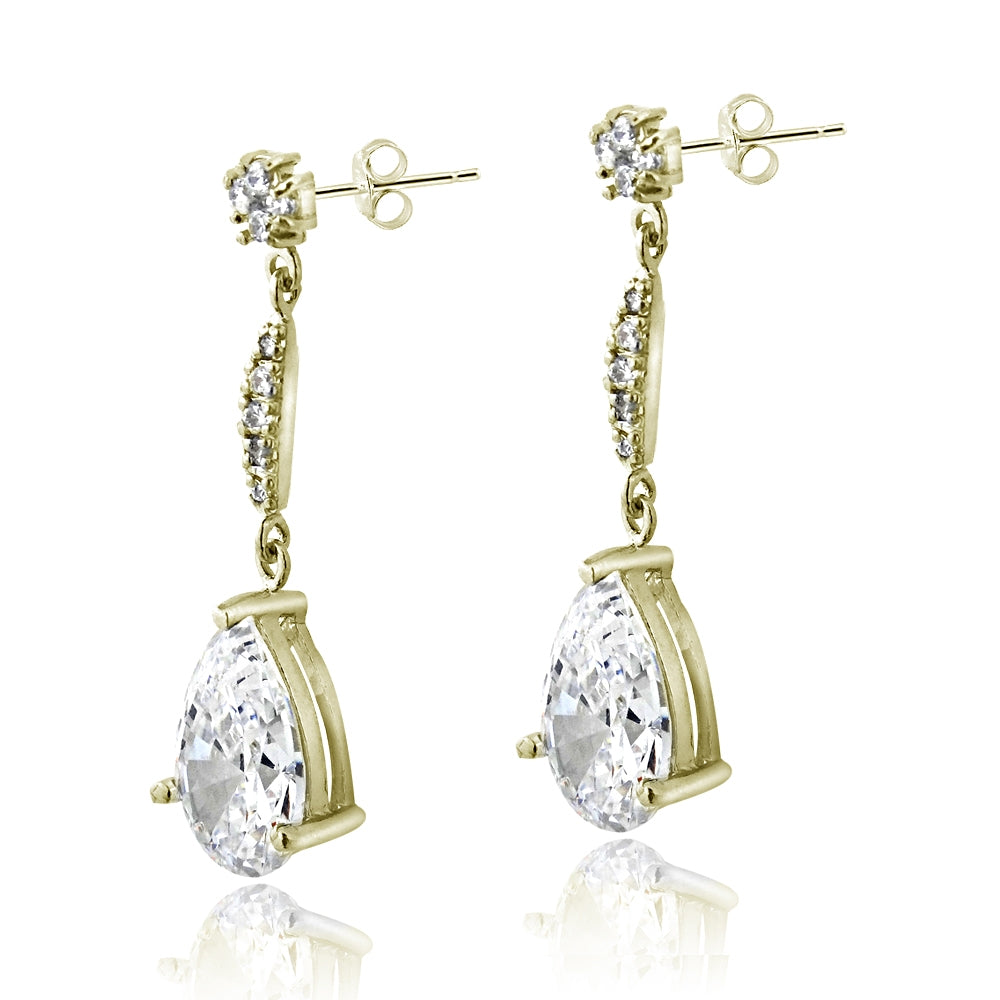 Yellow Gold Flashed Sterling Silver Cubic Zirconia Pear Cut 15mm Dangle Earrings-2