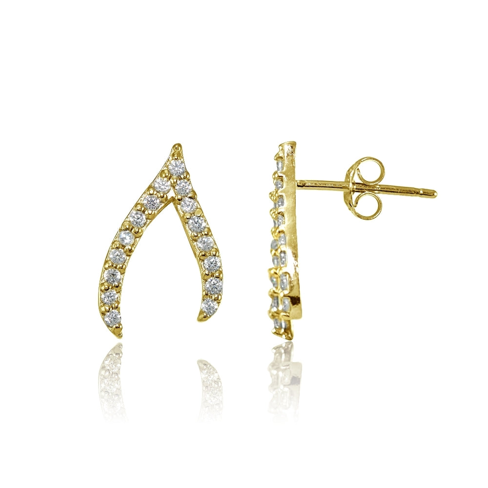 Yellow Gold Flashed Sterling Silver Cubic Zirconia Wish Bone Stud Earrings