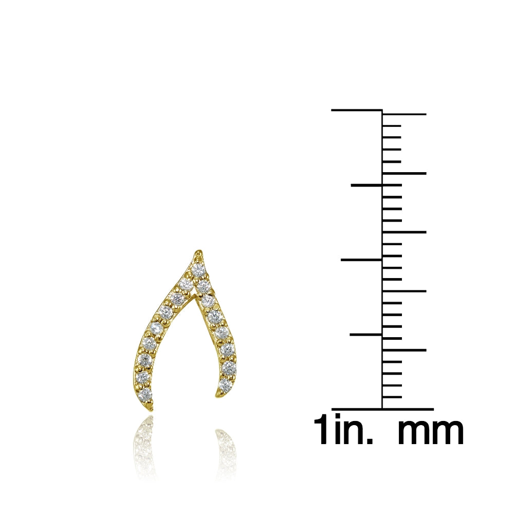 Yellow Gold Flashed Sterling Silver Cubic Zirconia Wish Bone Stud Earrings-3