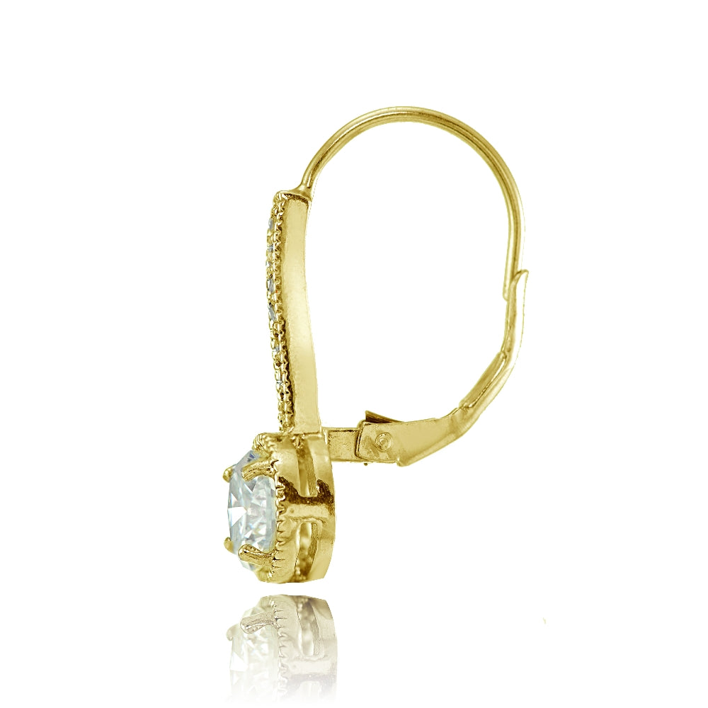 Yellow Gold Flashed Sterling Silver Round Cubic Zirconia Leverback Earrings-2