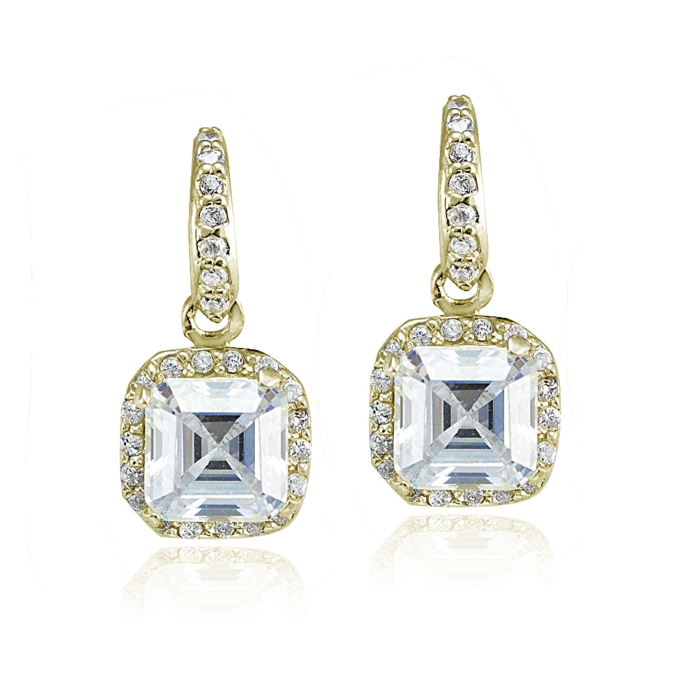 Yellow Gold Flashed Sterling Silver Cubic Zirconia Square Dangle Earrings-2