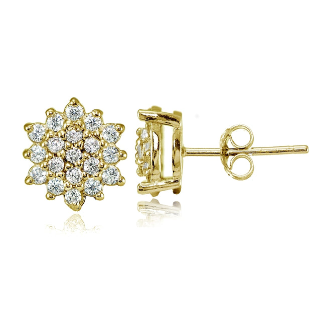 Yellow Gold Flashed Sterling Silver Cubic Zirconia Floral Stud Earrings