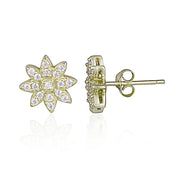 Yellow Gold Flashed Sterling Silver Cubic Zirconia Flower Stud Earrings