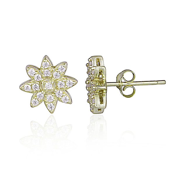 Yellow Gold Flashed Sterling Silver Cubic Zirconia Flower Stud Earrings