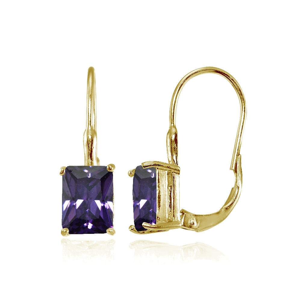 Yellow Gold Flashed Sterling Silver Cubic Zirconia Amethyst Emerald-Cut Leverback Earrings