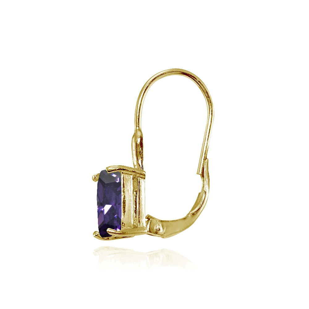 Yellow Gold Flashed Sterling Silver Cubic Zirconia Amethyst Emerald-Cut Leverback Earrings-2