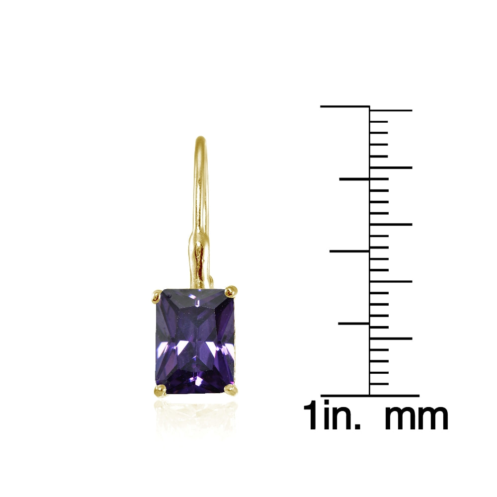 Yellow Gold Flashed Sterling Silver Cubic Zirconia Amethyst Emerald-Cut Leverback Earrings-3