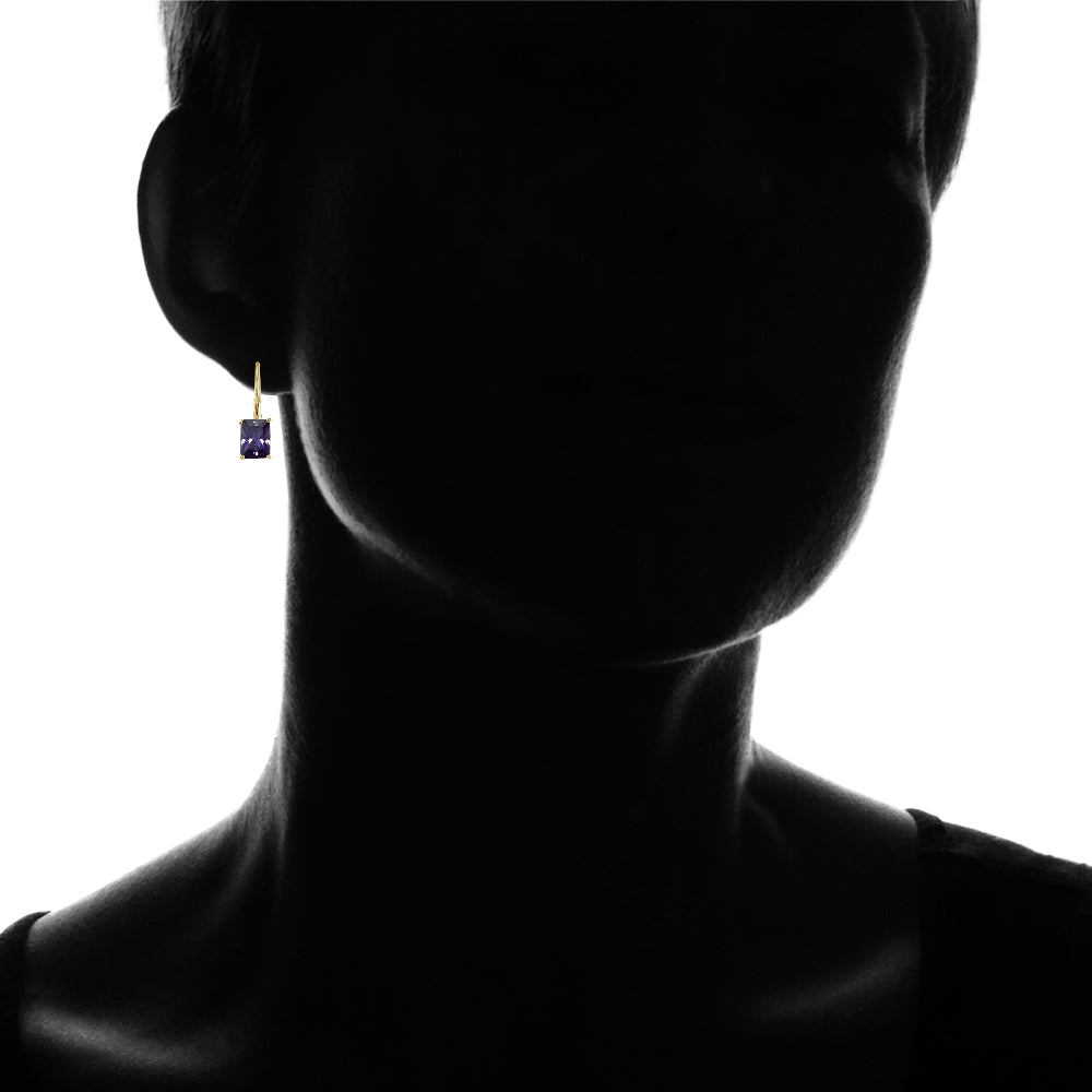 Yellow Gold Flashed Sterling Silver Cubic Zirconia Amethyst Emerald-Cut Leverback Earrings-4