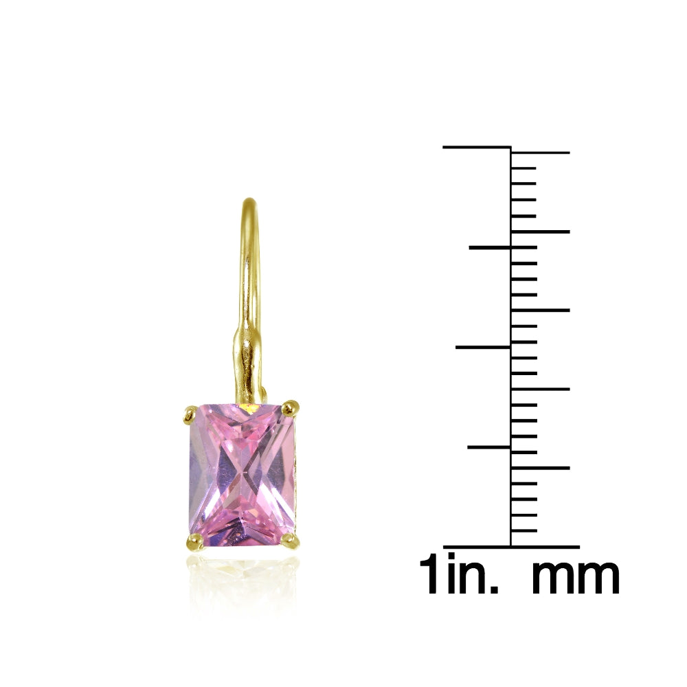 Yellow Gold Flashed Sterling Silver Light Pink Cubic Zirconia Emerald-Cut Leverback Earrings-2
