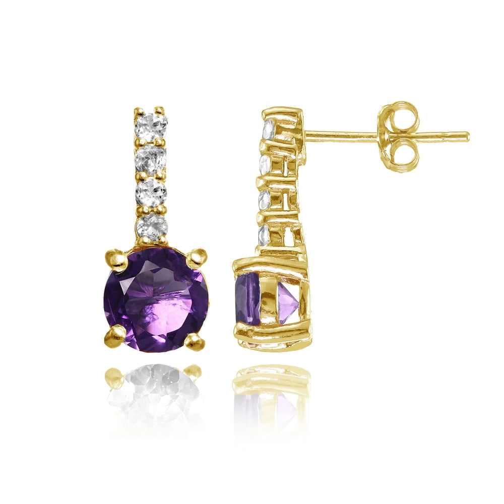 Yellow Gold Flashed Silver African Amethyst & White Topaz 5-Stone Drop Earrings