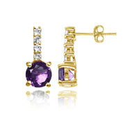 Yellow Gold Flashed Silver African Amethyst & White Topaz 5-Stone Drop Earrings