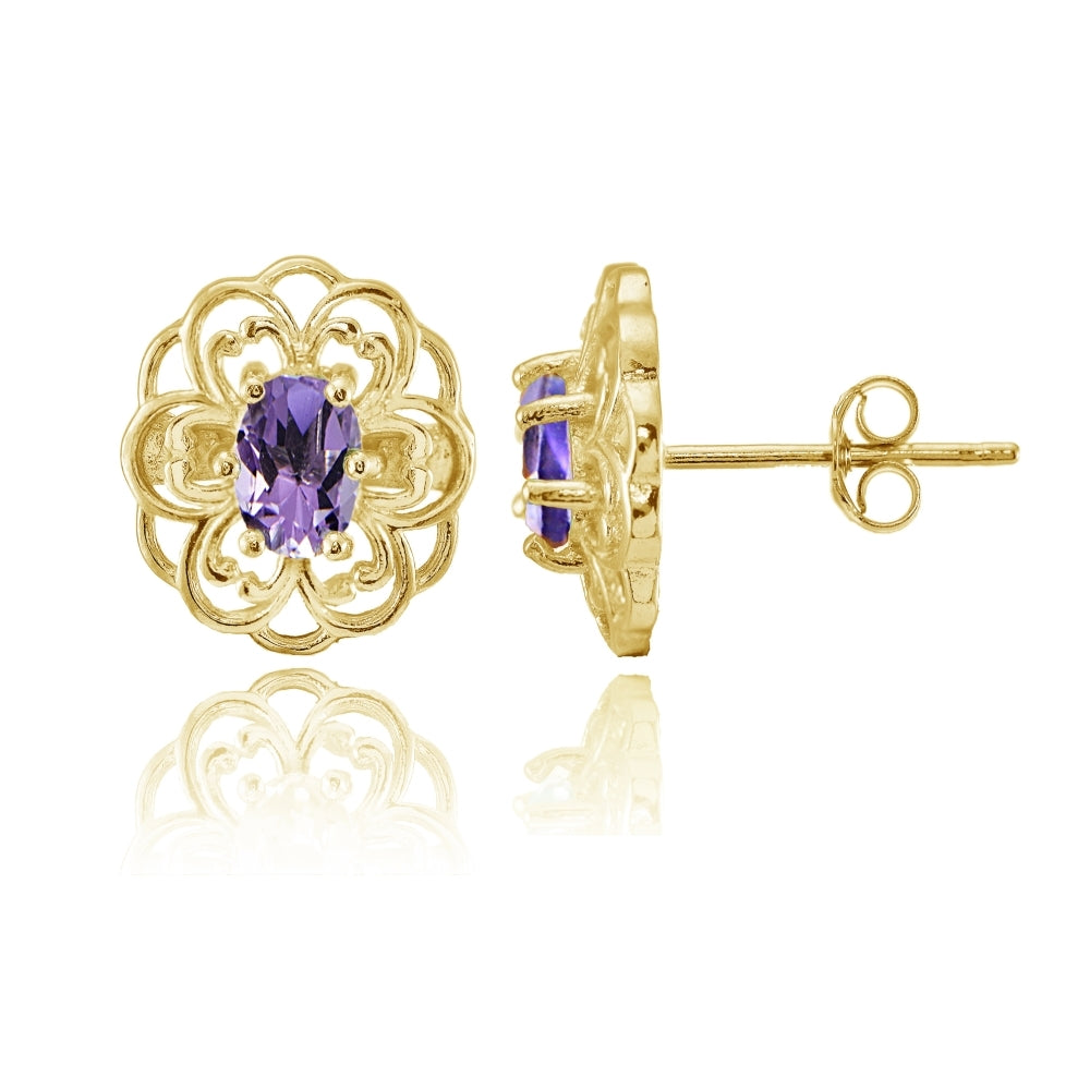 Yellow Gold over Sterling Silver Amethyst Filigree Flower Stud Earrings