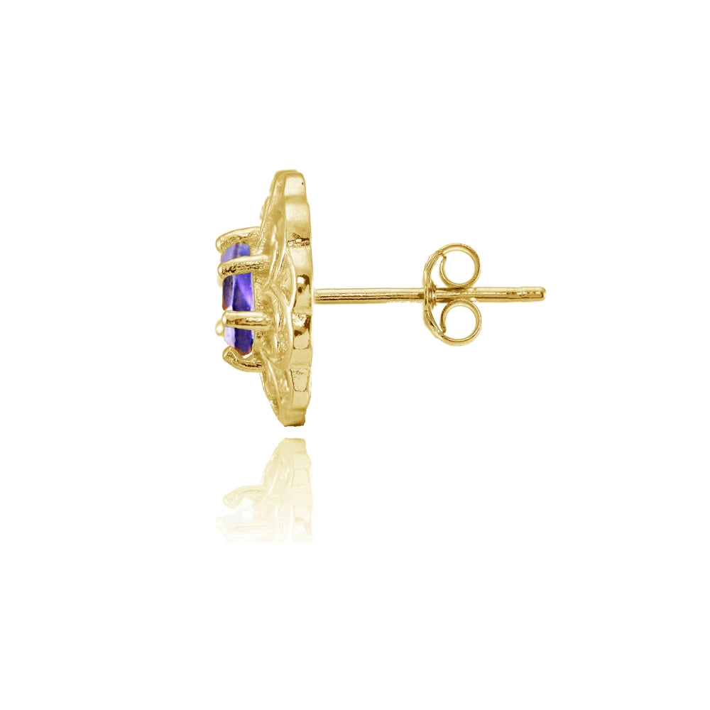 Yellow Gold over Sterling Silver Amethyst Filigree Flower Stud Earrings-2