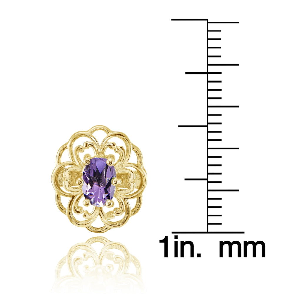 Yellow Gold over Sterling Silver Amethyst Filigree Flower Stud Earrings-3