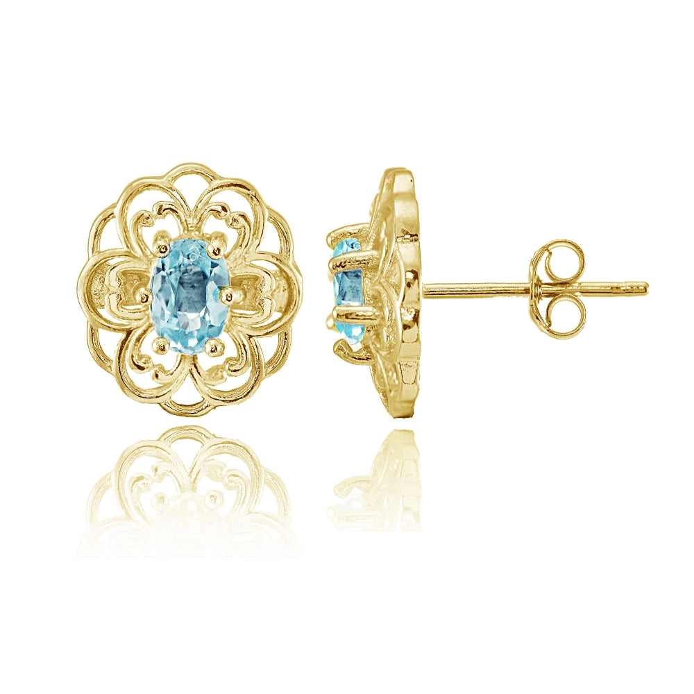 Yellow Gold over Sterling Silver Blue Topaz Filigree Flower Stud Earrings