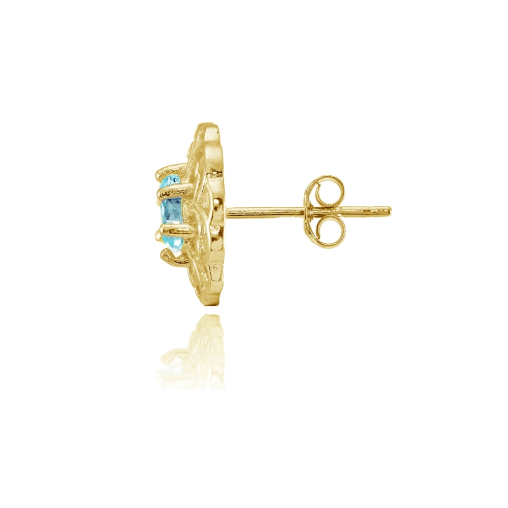 Yellow Gold over Sterling Silver Blue Topaz Filigree Flower Stud Earrings-2