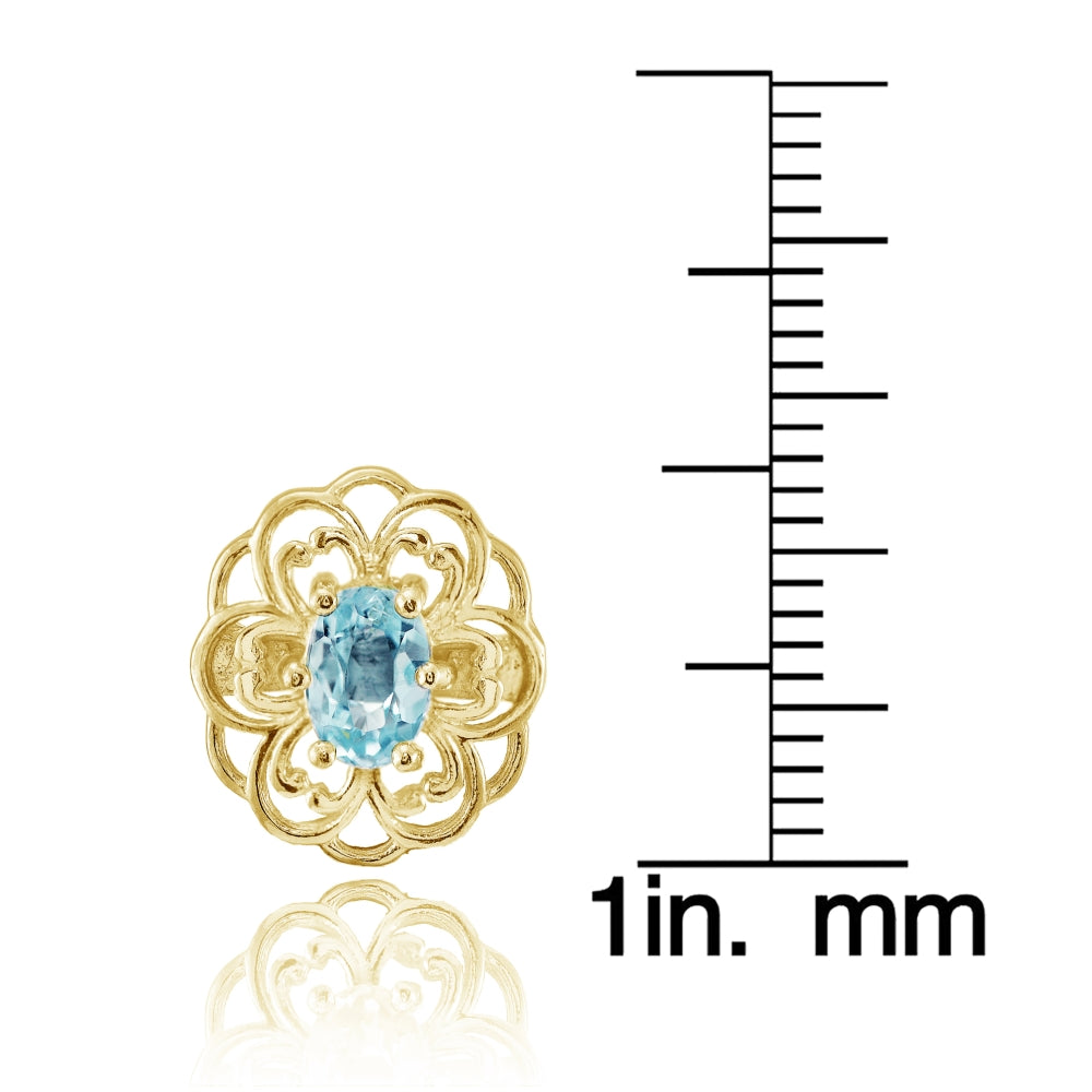 Yellow Gold over Sterling Silver Blue Topaz Filigree Flower Stud Earrings-3