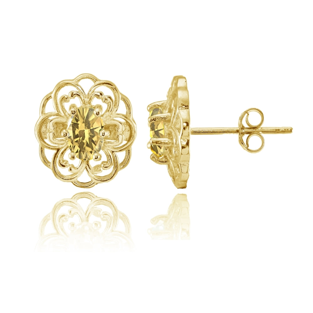 Yellow Gold over Sterling Silver Citrine Filigree Flower Stud Earrings