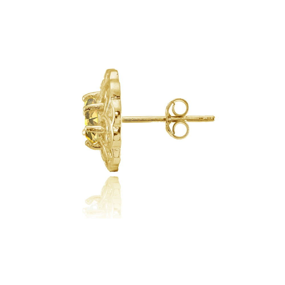 Yellow Gold over Sterling Silver Citrine Filigree Flower Stud Earrings-2