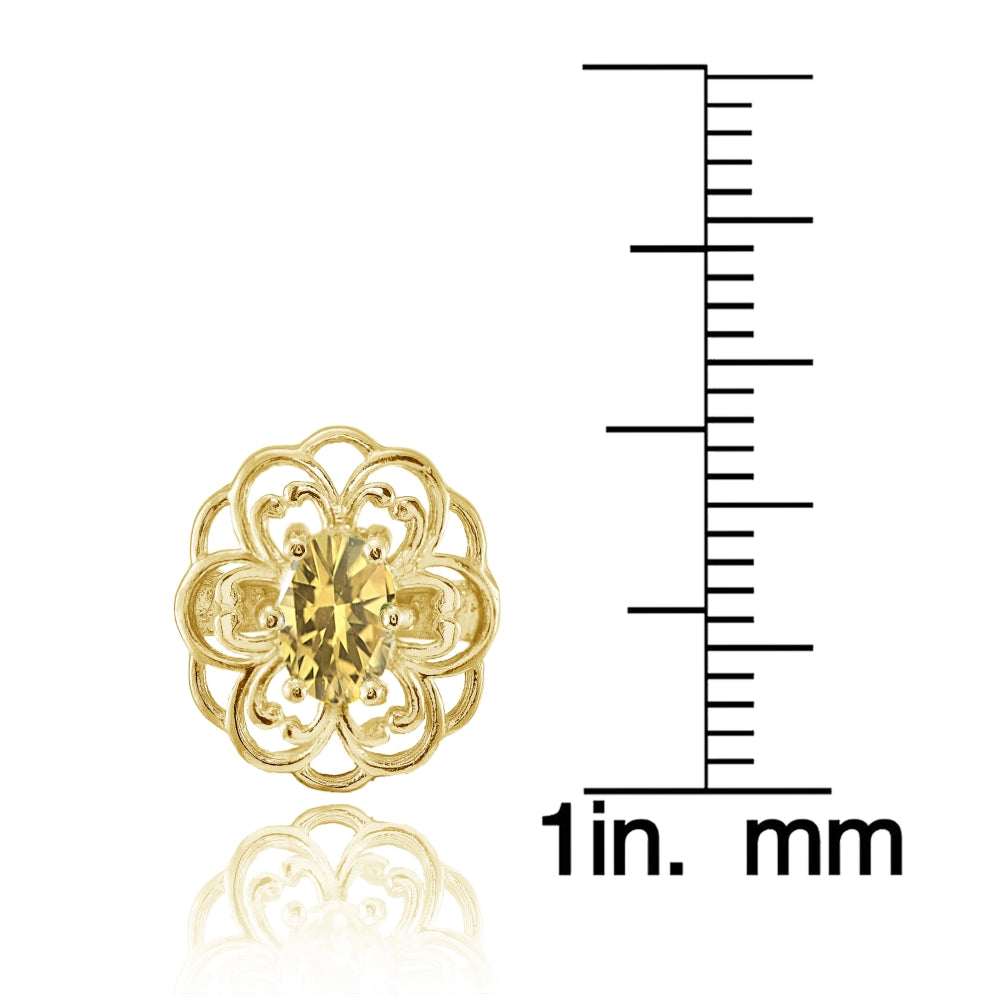 Yellow Gold over Sterling Silver Citrine Filigree Flower Stud Earrings-3