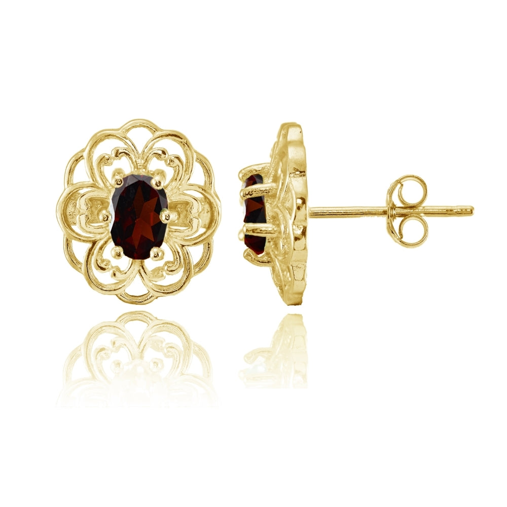 Yellow Gold over Sterling Silver Garnet Filigree Flower Stud Earrings