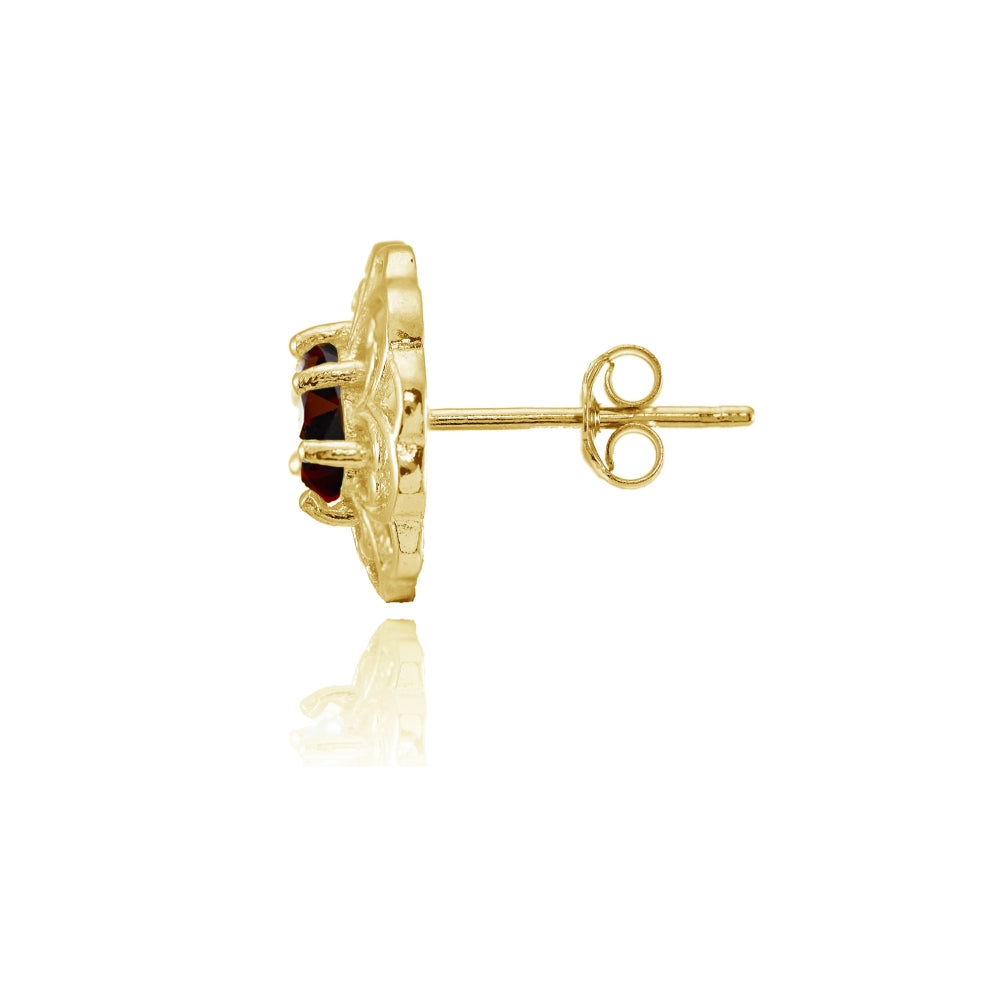 Yellow Gold over Sterling Silver Garnet Filigree Flower Stud Earrings-2