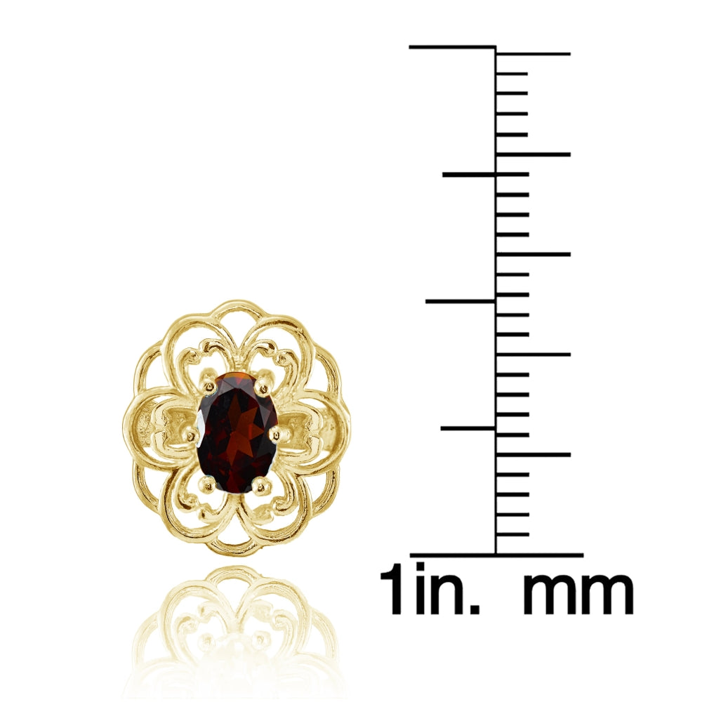 Yellow Gold over Sterling Silver Garnet Filigree Flower Stud Earrings-3