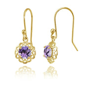 Yellow Gold over Sterling Silver Amethyst Round Filigree Dangle Earrings