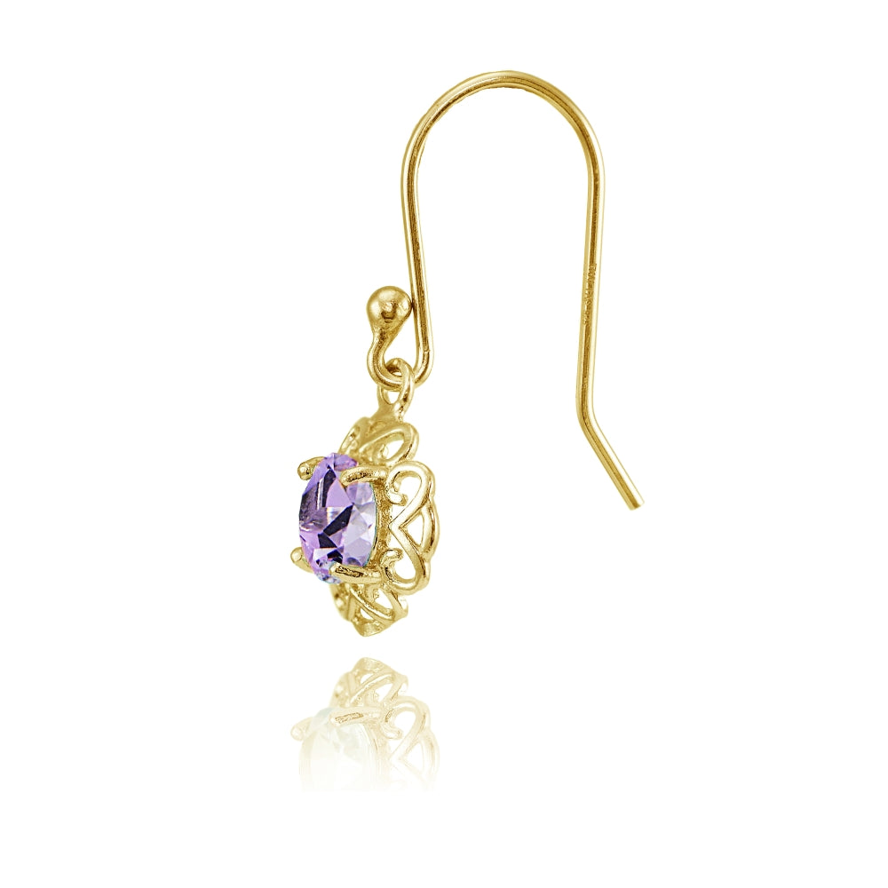 Yellow Gold over Sterling Silver Amethyst Round Filigree Dangle Earrings-2