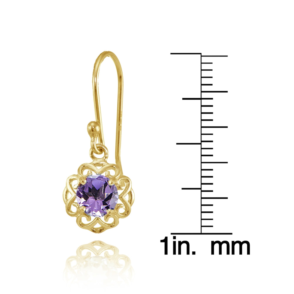 Yellow Gold over Sterling Silver Amethyst Round Filigree Dangle Earrings-3