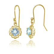 Yellow Gold over Sterling Silver Blue Topaz Round Filigree Dangle Earrings
