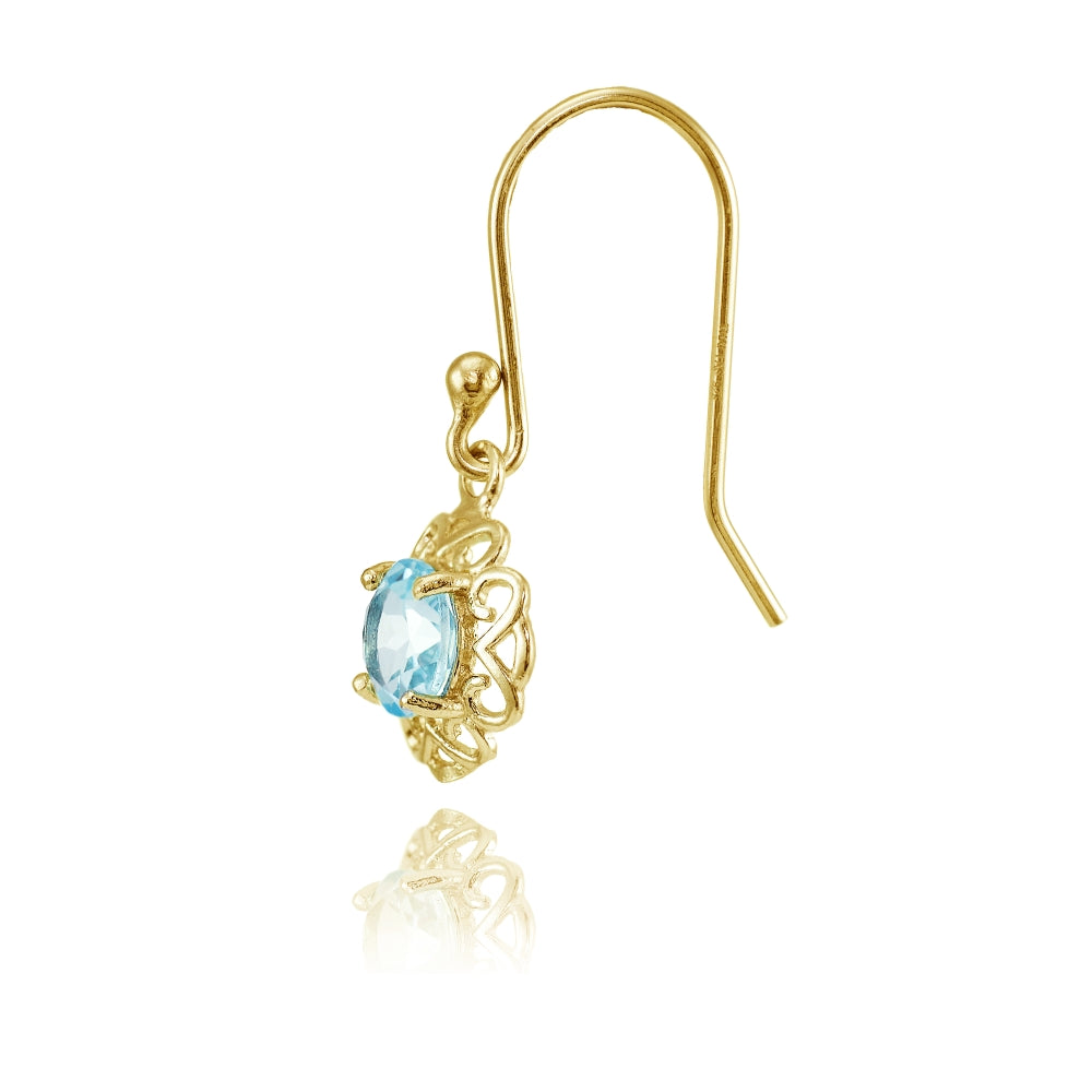 Yellow Gold over Sterling Silver Blue Topaz Round Filigree Dangle Earrings-2