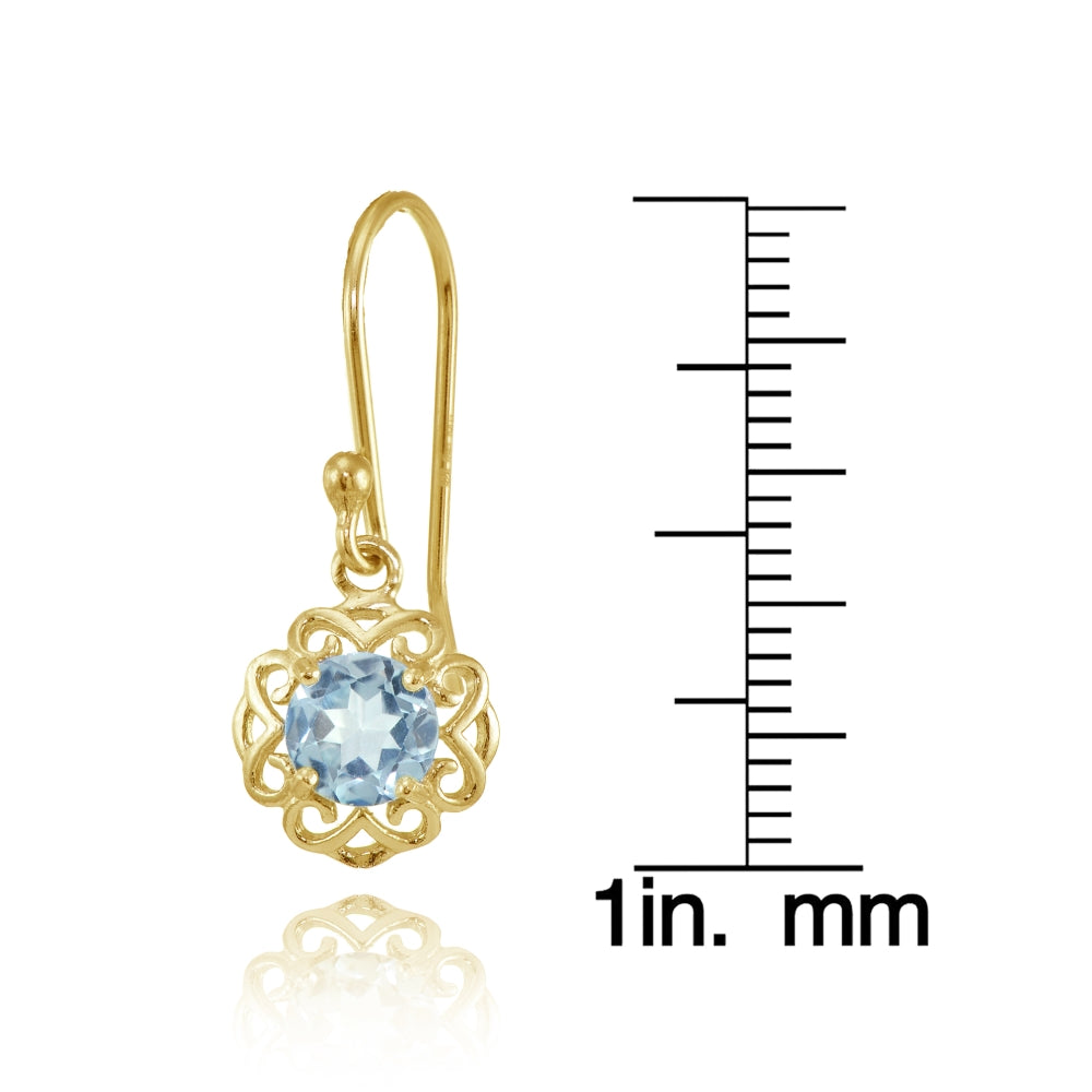 Yellow Gold over Sterling Silver Blue Topaz Round Filigree Dangle Earrings-3