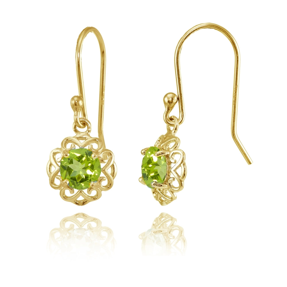 Yellow Gold over Sterling Silver Peridot Round Filigree Dangle Earrings