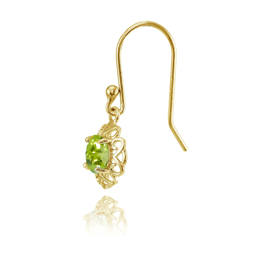 Yellow Gold over Sterling Silver Peridot Round Filigree Dangle Earrings-2