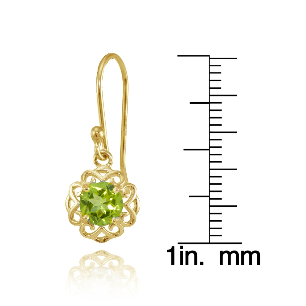 Yellow Gold over Sterling Silver Peridot Round Filigree Dangle Earrings-3