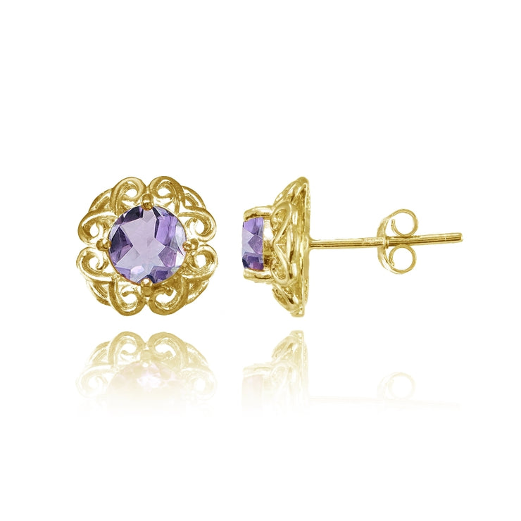 Yellow Gold Flashed Sterling Silver Amethyst Round Filigree Stud Earrings