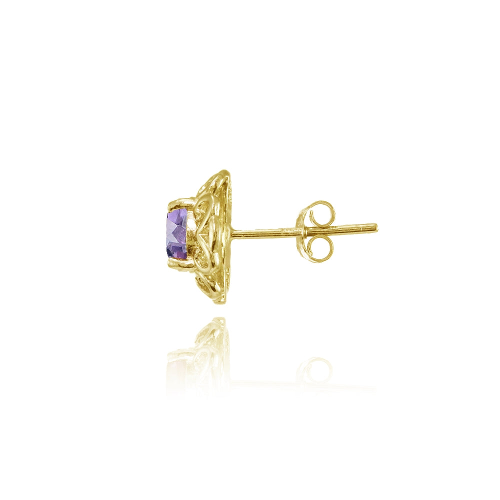 Yellow Gold Flashed Sterling Silver Amethyst Round Filigree Stud Earrings-2