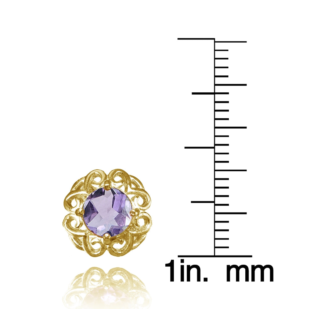 Yellow Gold Flashed Sterling Silver Amethyst Round Filigree Stud Earrings-3