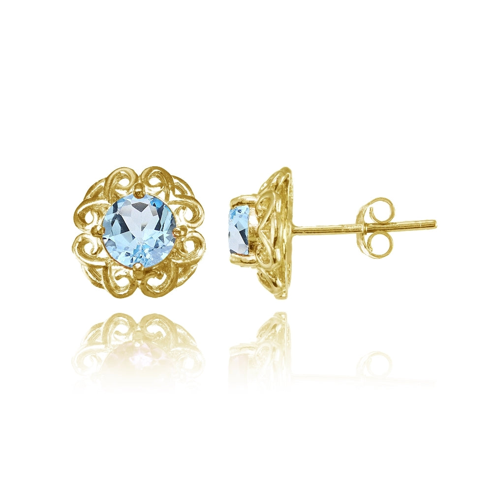 Yellow Gold Flashed Sterling Silver Blue Topaz Round Filigree Stud Earrings