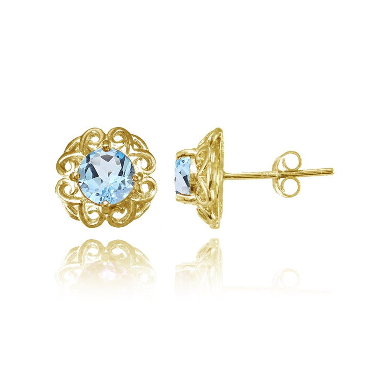 Yellow Gold Flashed Sterling Silver Blue Topaz Round Filigree Stud Earrings