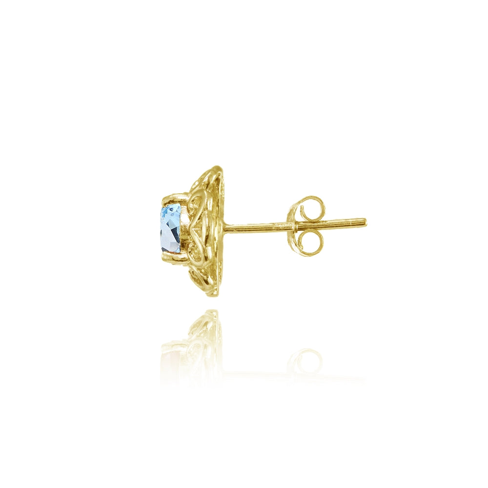 Yellow Gold Flashed Sterling Silver Blue Topaz Round Filigree Stud Earrings-2