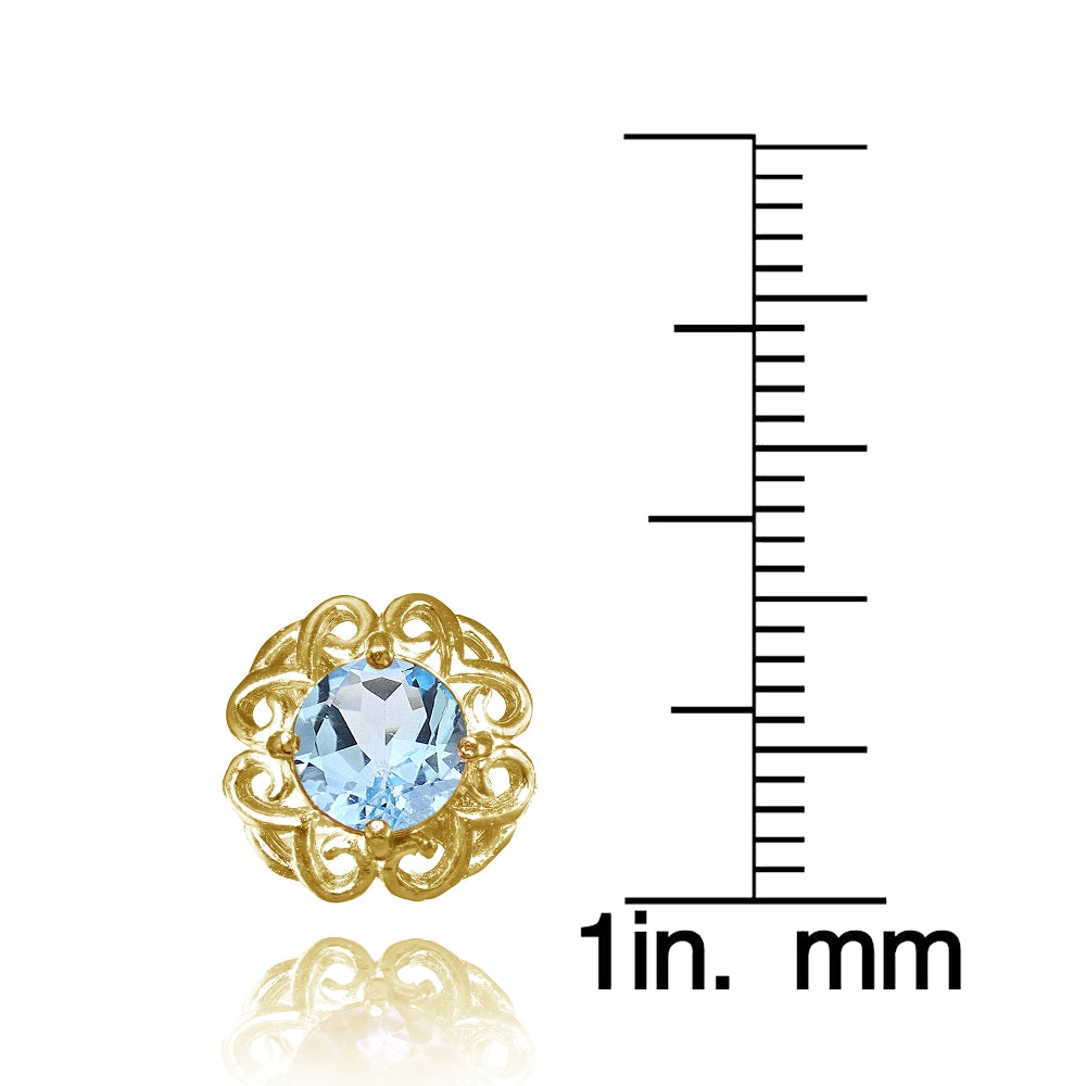 Yellow Gold Flashed Sterling Silver Blue Topaz Round Filigree Stud Earrings-3