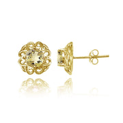 Yellow Gold Flashed Sterling Silver Citrine Round Filigree Stud Earrings