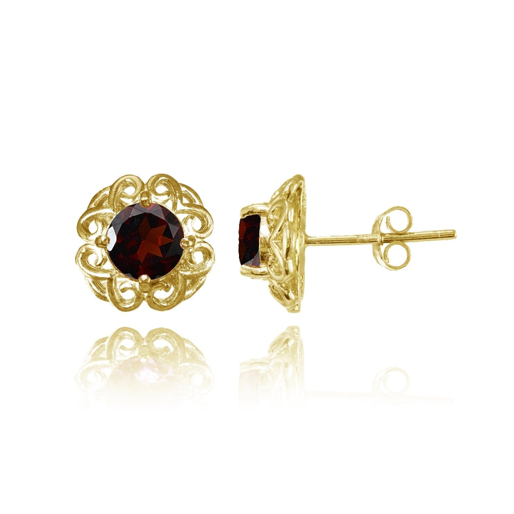 Yellow Gold Flashed Sterling Silver Garnet Round Filigree Stud Earrings