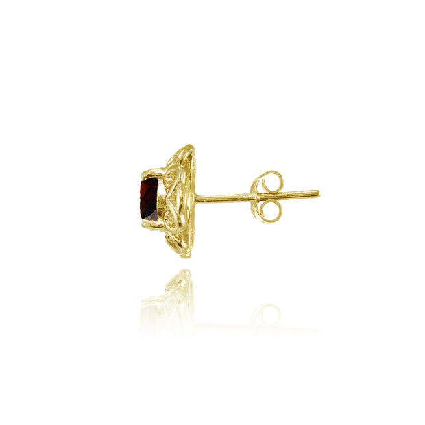 Yellow Gold Flashed Sterling Silver Garnet Round Filigree Stud Earrings