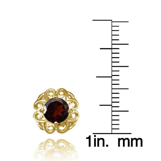 Yellow Gold Flashed Sterling Silver Garnet Round Filigree Stud Earrings
