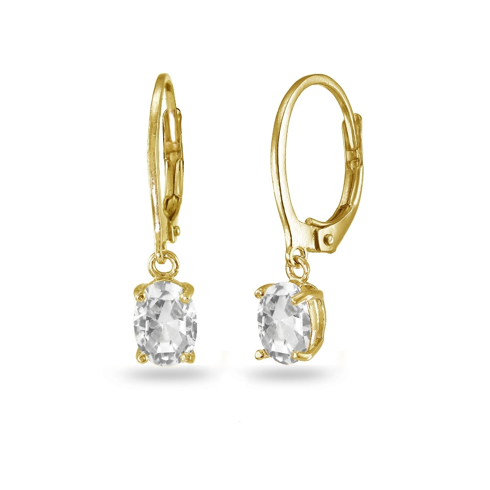 Yellow Gold Flashed Sterling Silver Created White Sapphire 7x5mm Oval Dangle Leverback Earrings