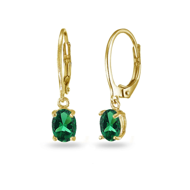 Yellow Gold Flashed Sterling Silver Created Emerald 7x5mm Oval Dangle Leverback Earrings