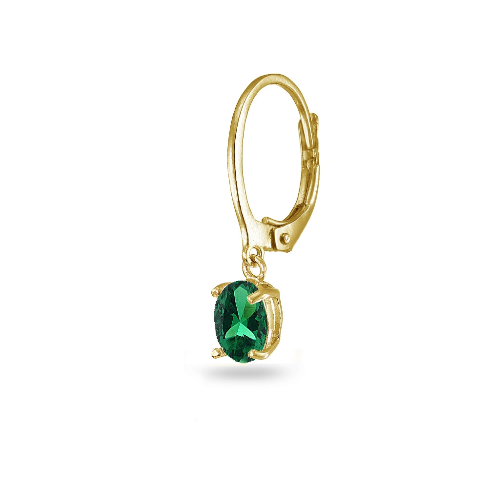Yellow Gold Flashed Sterling Silver Created Emerald 7x5mm Oval Dangle Leverback Earrings-2